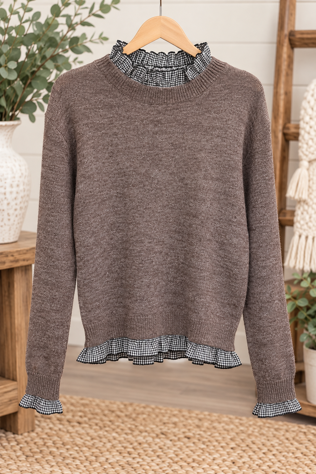 Cozy Plaid Print Ruffle Trim Light Weight Sweater |
