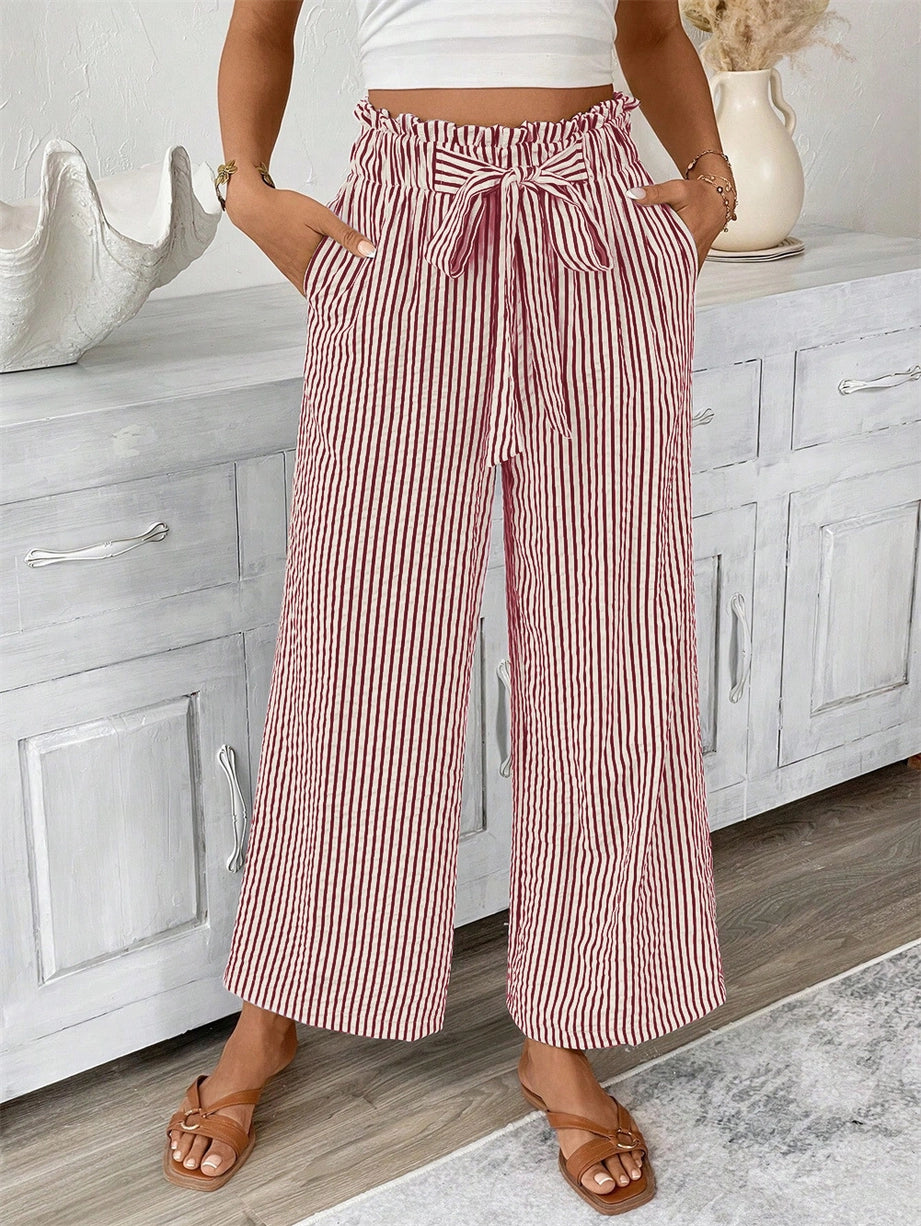Ruffle Paperbag Slacks Striped Wide-Leg Pants Hot Pink