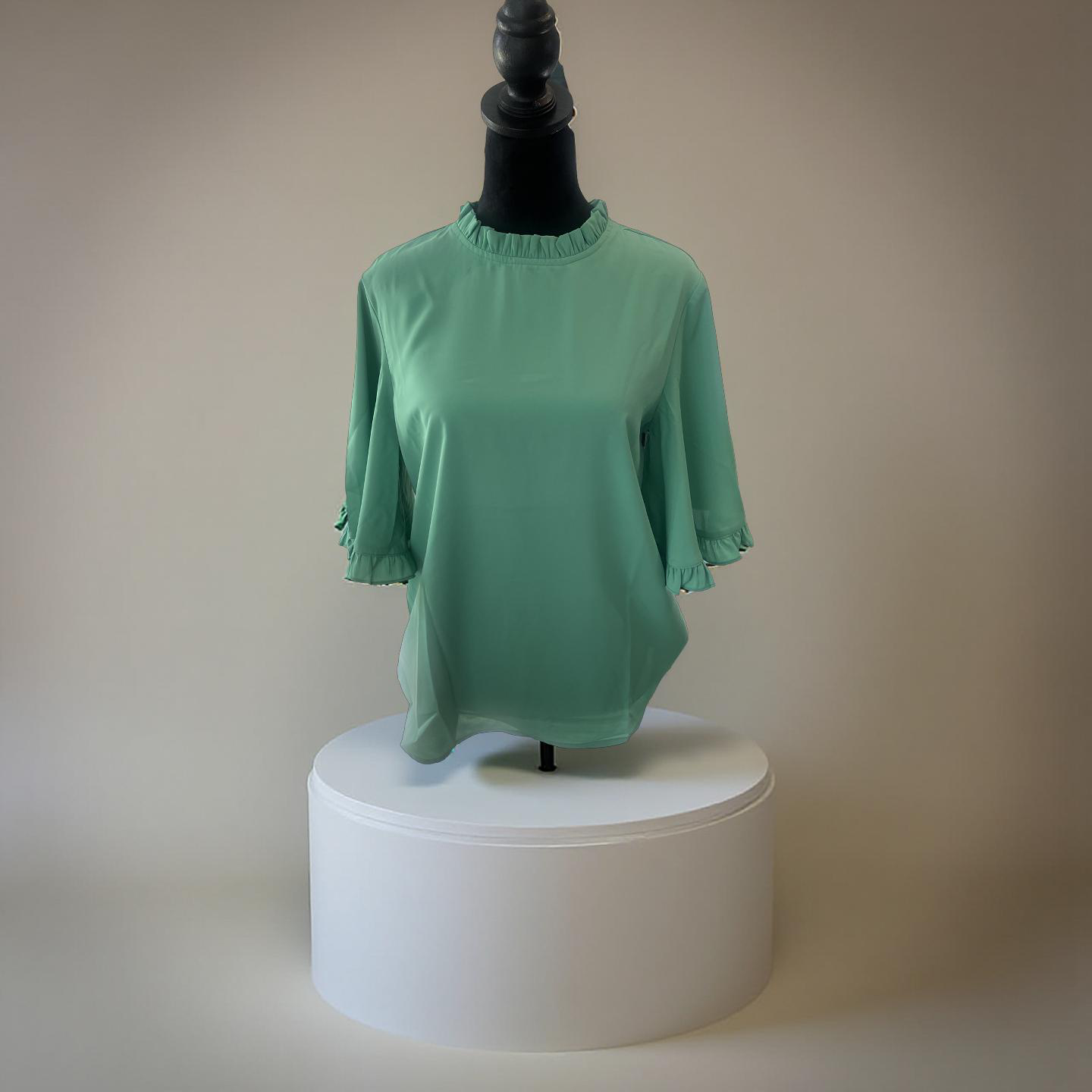 Frilly Round Neck Wide Half Sleeve Blouse