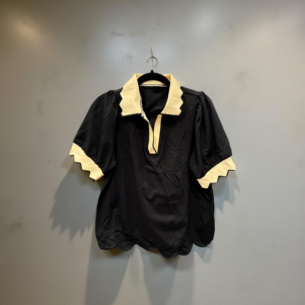 Color Contrast Collared V Neck Puff Sleeve Blouse | Black