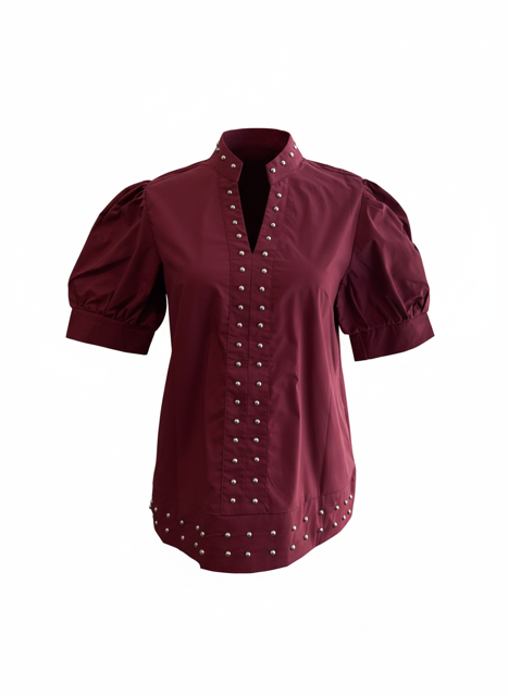 Rivet Embellished V Neck Short Puff Sleeve Blouse