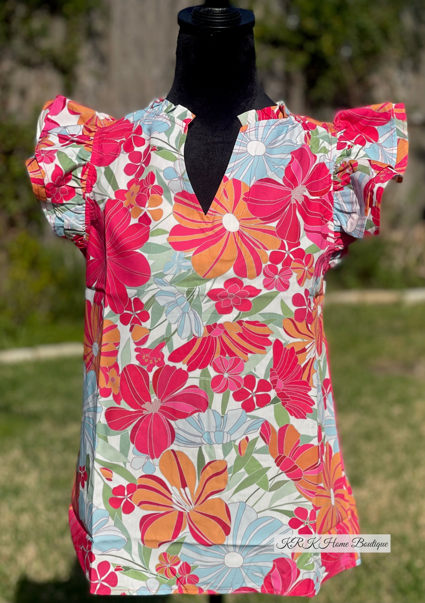 Flutter Sleeve V Neck Floral Print Shift Blouse
