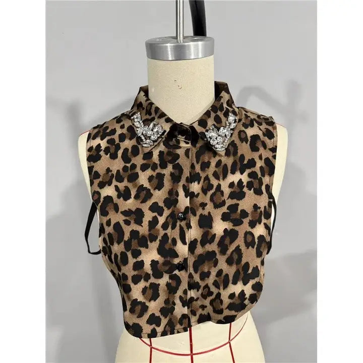Leopard Diamond Studded Detachable Shirt Collar