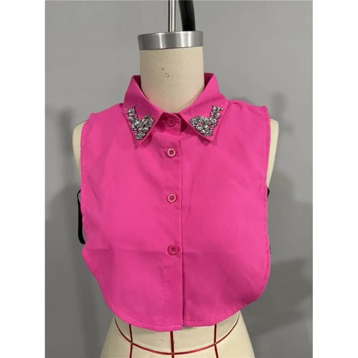Hot Pink Diamond Studded Detachable Shirt Collar