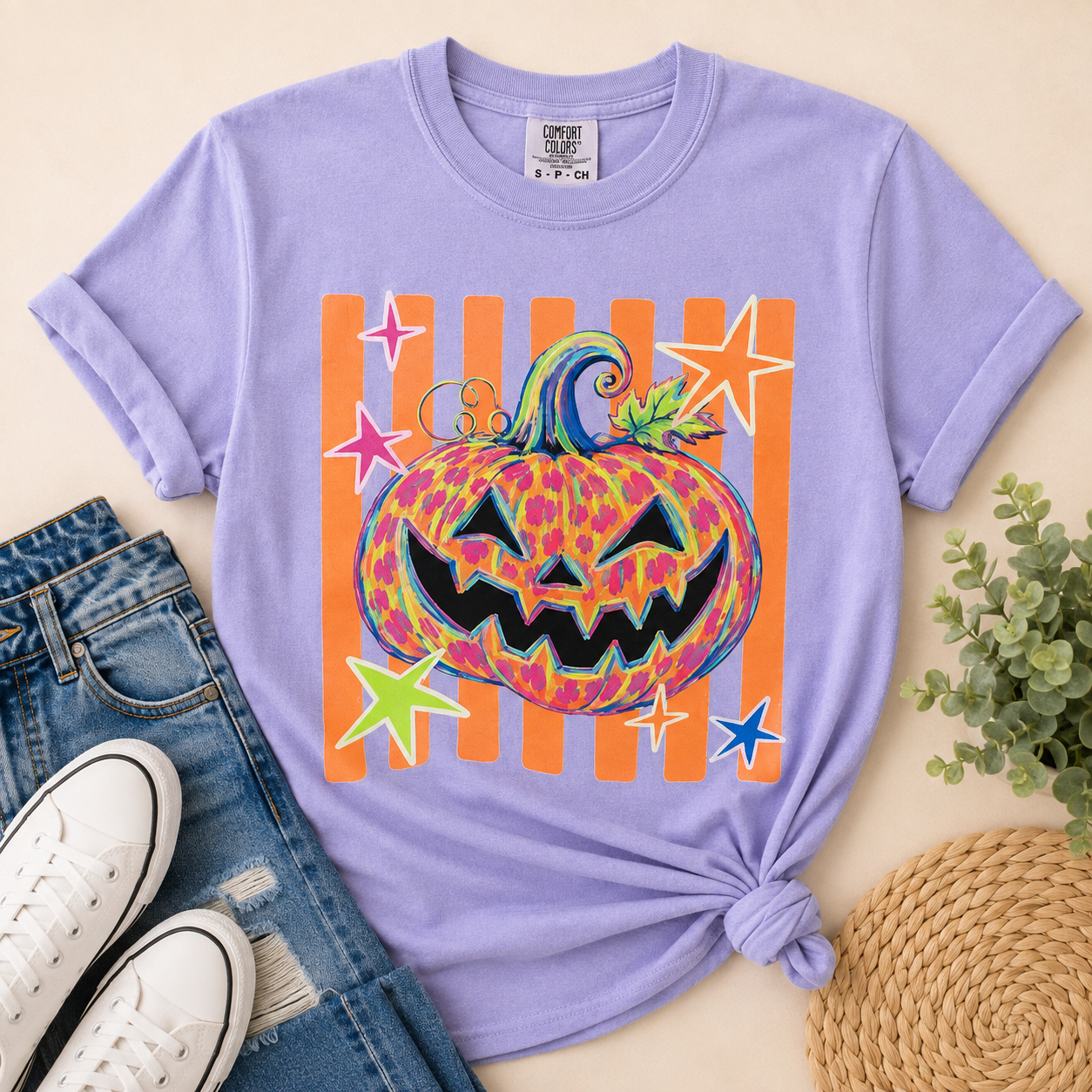 Purple Pumpkin Face Comfort Color T-shirt