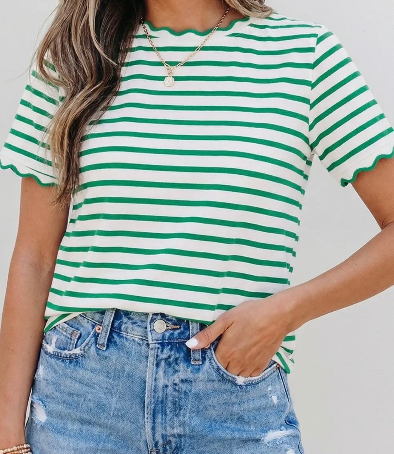 Scalloped neck green and white stripes