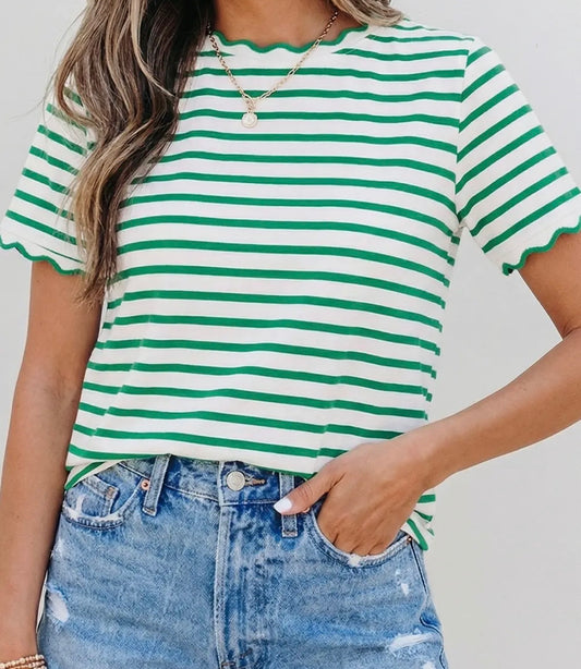Scalloped neck green and white stripes