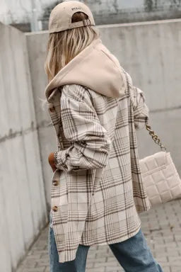 Khaki Plaid Removable Hood Buttoned Jacket