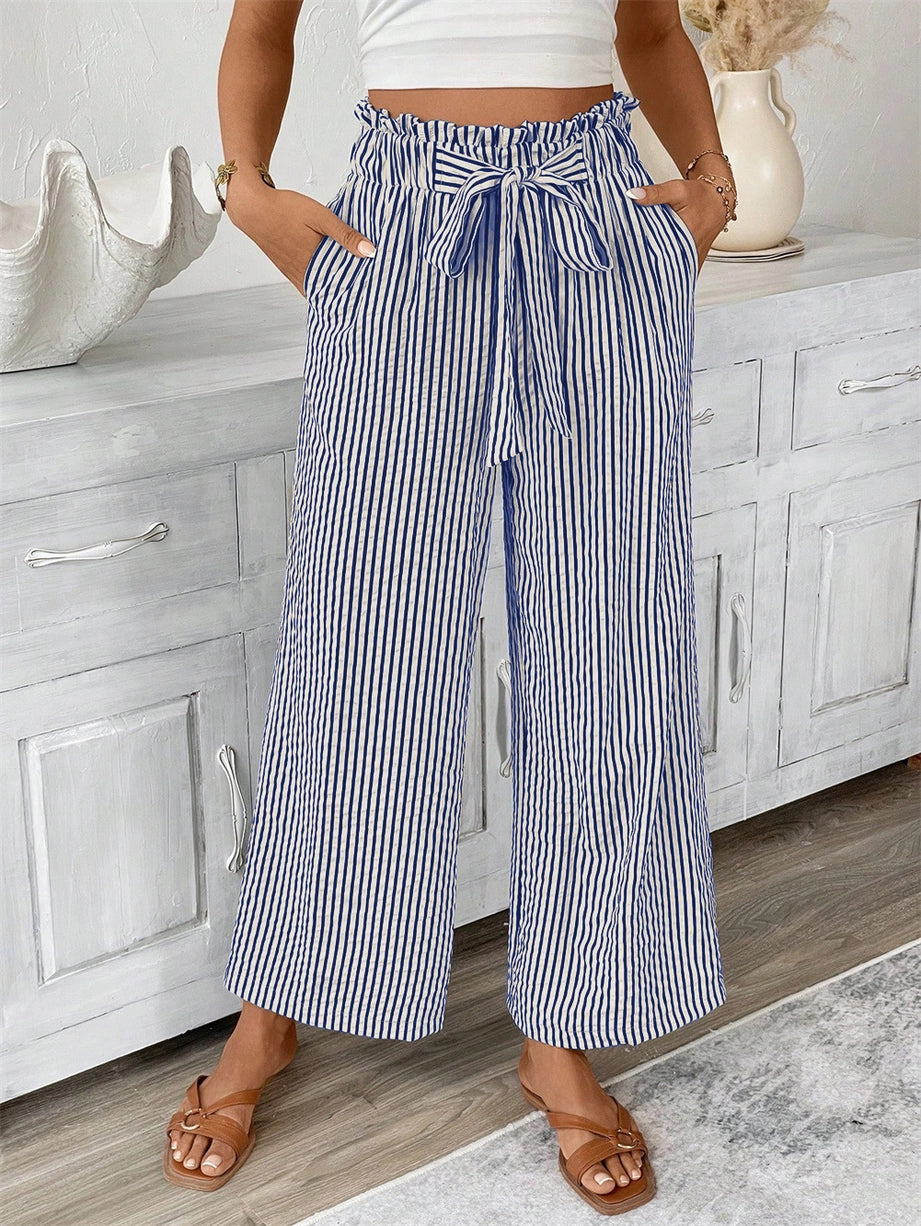 Ruffle Paperbag Slacks Striped Wide-Leg Pants Blue