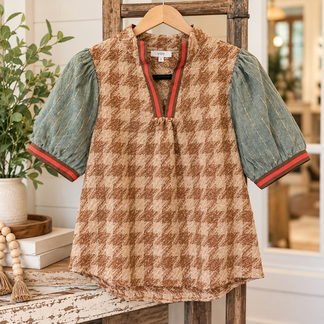 Stripe Denim Sleeve Houndstooth Tweed Top
