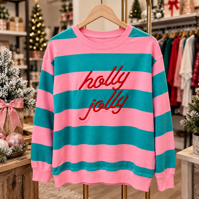 Holly Jolly Embroidered Stripe Pullover Top Pink/Green