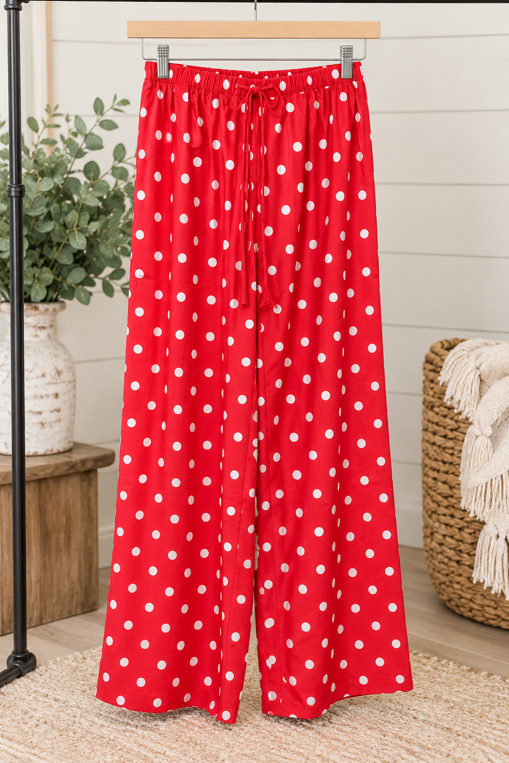Red and White polka dot wide leg pants
