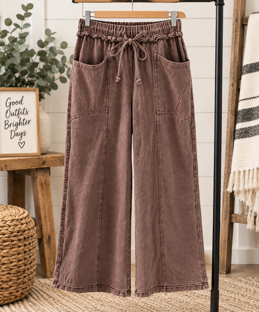 Hot Mineral Wash Seam Detail Flare Leg Drawstring Pants