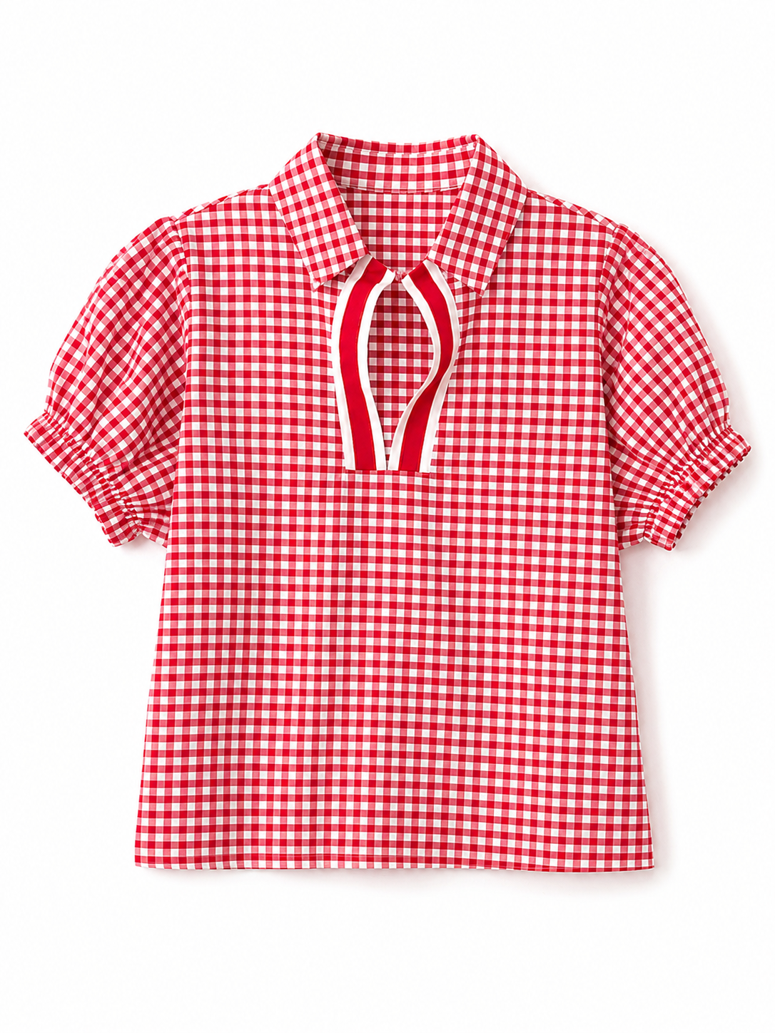 Plaid Short Sleeve Colorblock Trim Split Neck Blouse