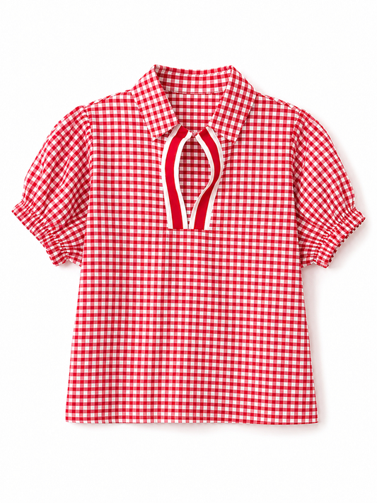 Plaid Short Sleeve Colorblock Trim Split Neck Blouse