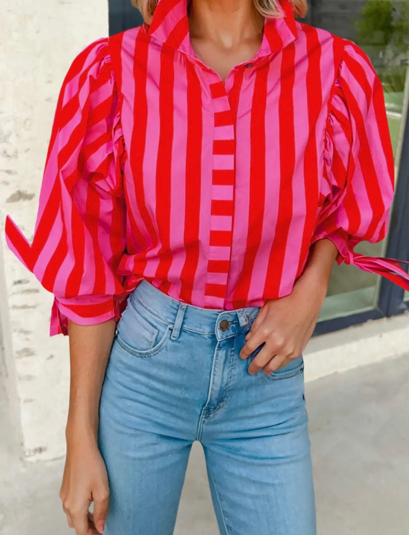 Stripe tie sleeve button down shirt