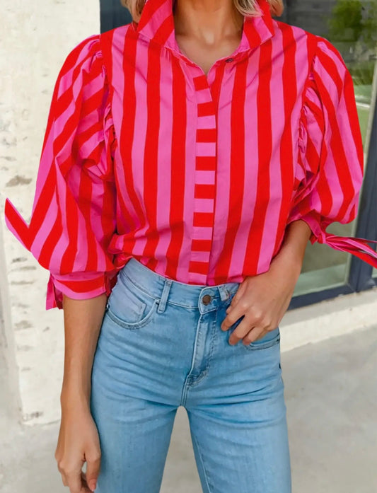 Stripe tie sleeve button down shirt