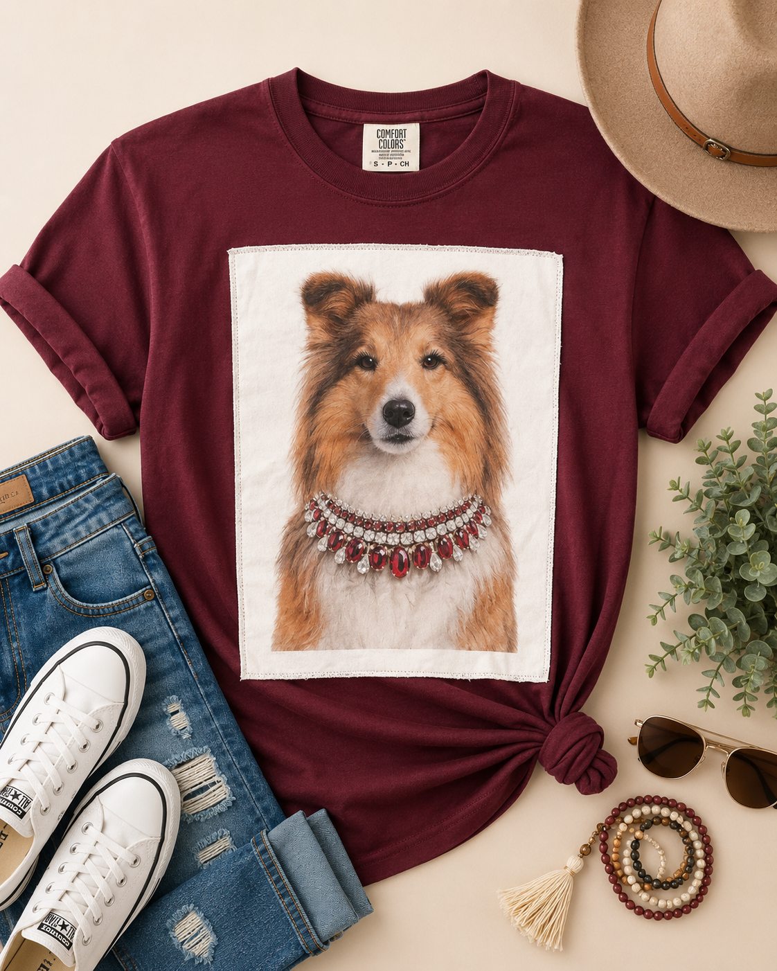 Collar Collie Patch On Maroon Crew T-shirt