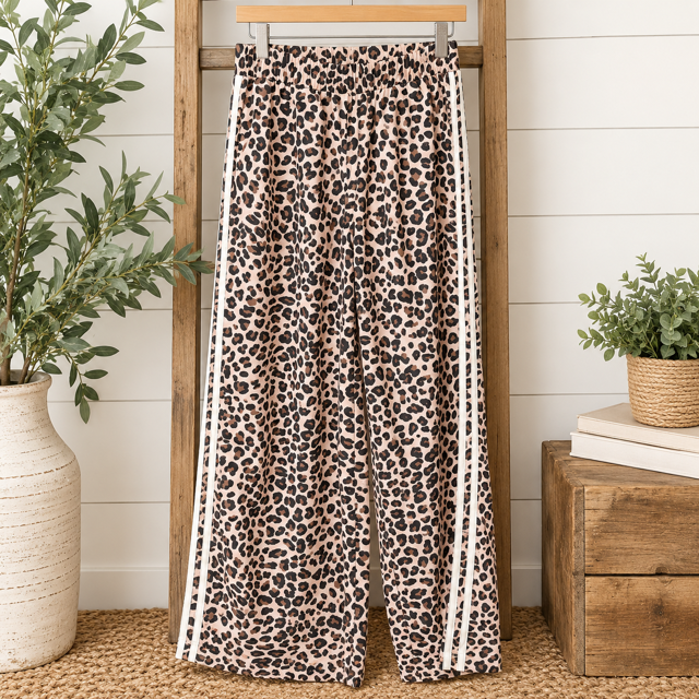 Beige Leopard Print Side Striped Detail Casual Wide Leg Pants