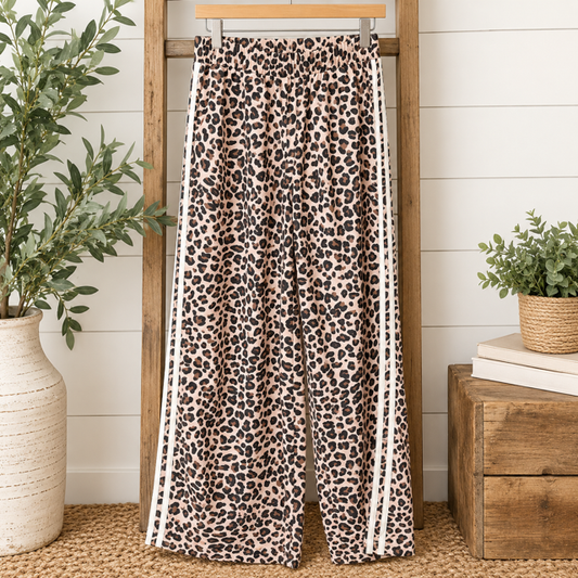 Beige Leopard Print Side Striped Detail Casual Wide Leg Pants