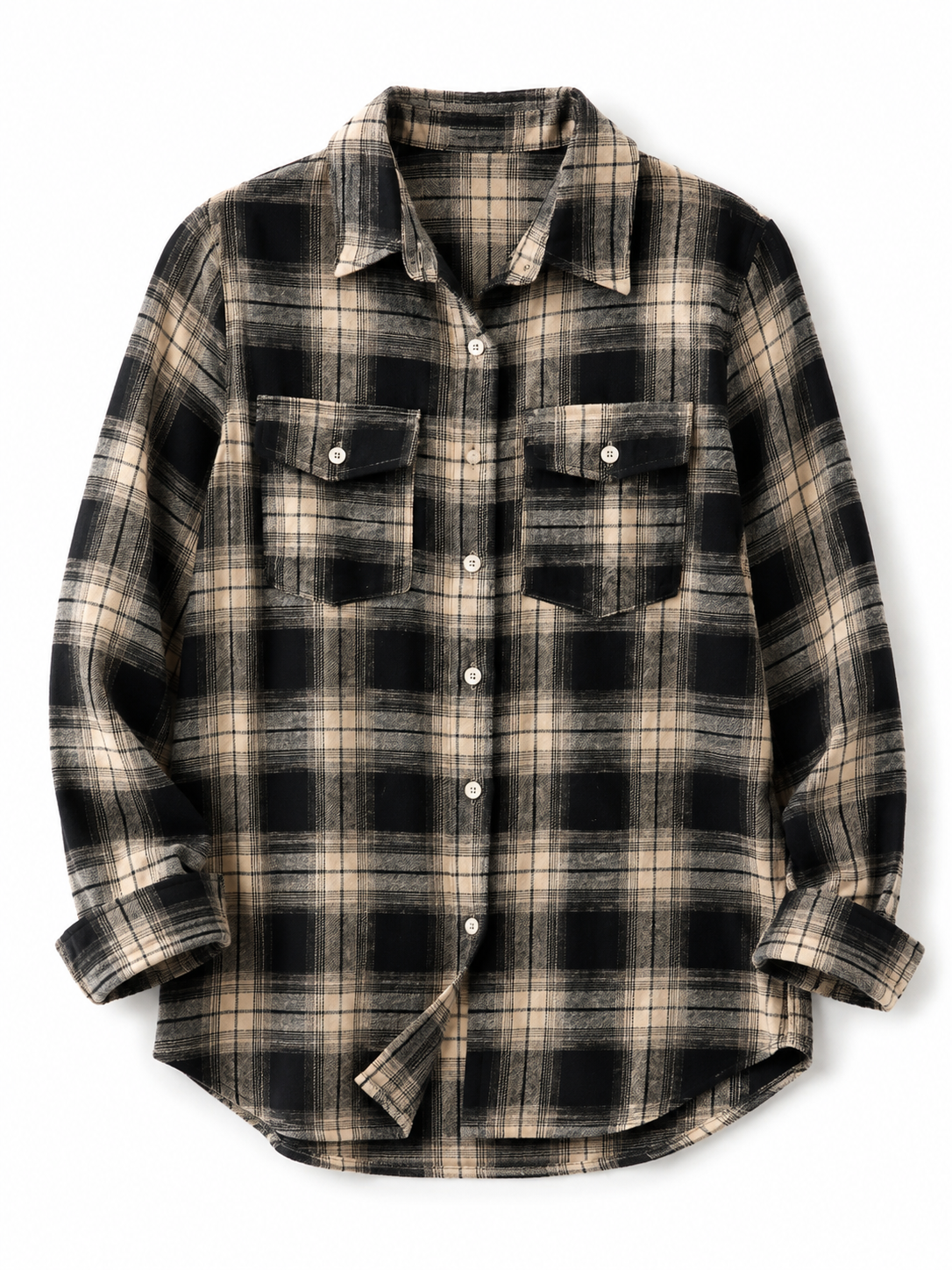 Oversized Plaid Shacket Womens Button Down Shirt Jacket black and Tan