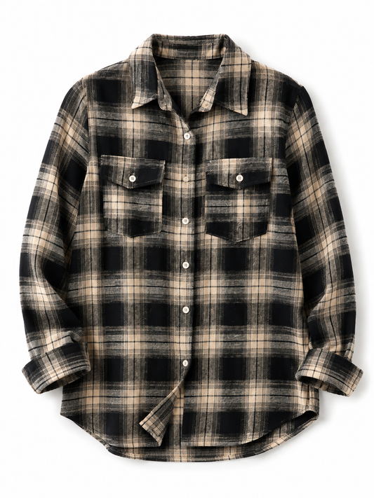 Oversized Plaid Shacket Womens Button Down Shirt Jacket black and Tan