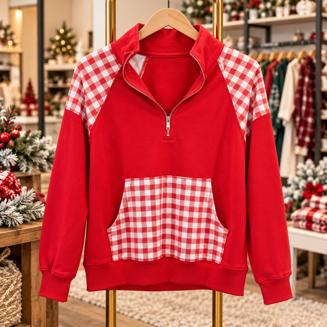 Patchwork Plaid Pocket Quarter Zip Sweatshirt