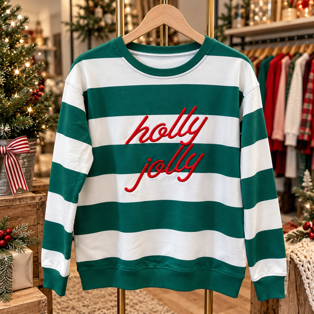 Holly Jolly Embroidered Stripe Pullover Top White/green