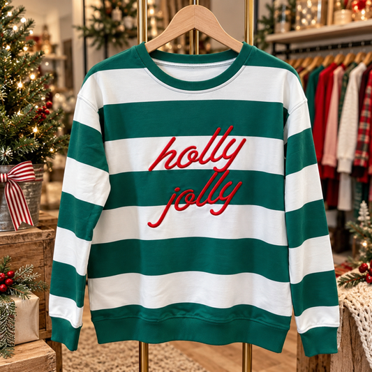 Holly Jolly Embroidered Stripe Pullover Top White/green