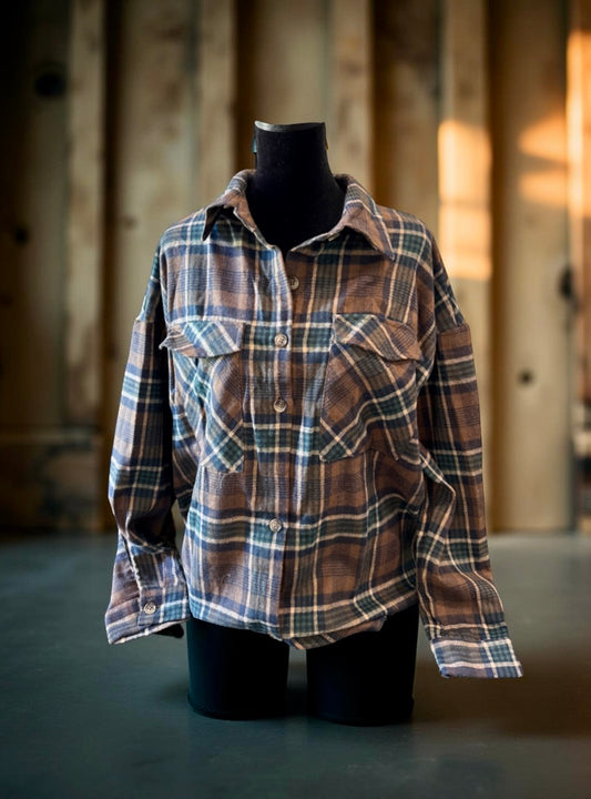 Brown Plaid Print Chest Pockets Buttoned Shirt Jacket