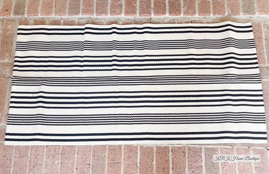 Ticking Striped Woven Cotton Bend Area Rug Black