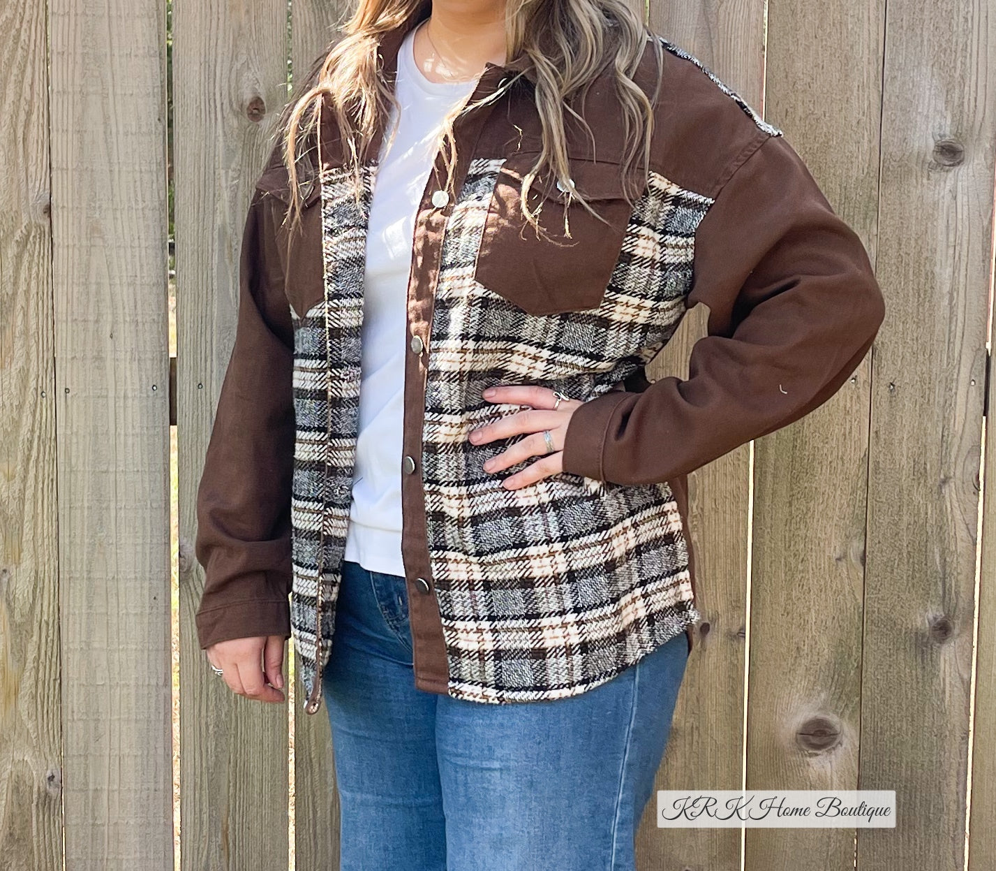 Brown Plaid Patchwork Pockets Denim Jacket