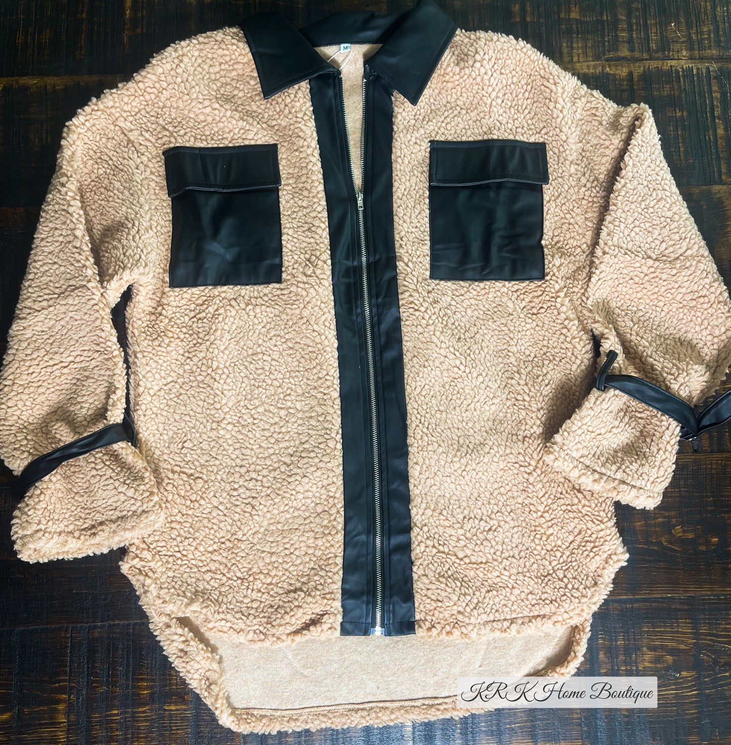 Leather patchwork teddy bear zip up coat