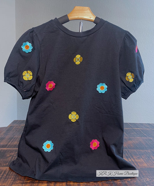 Embroidered Flower Short Puff Sleeve Tee