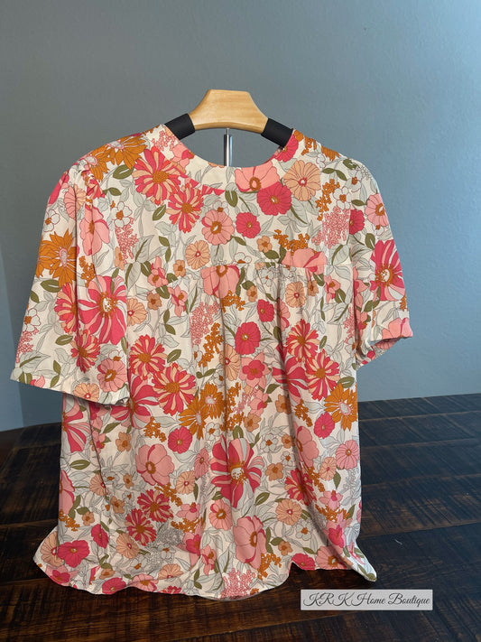 Boho Flower Print Puff Short Sleeve Top