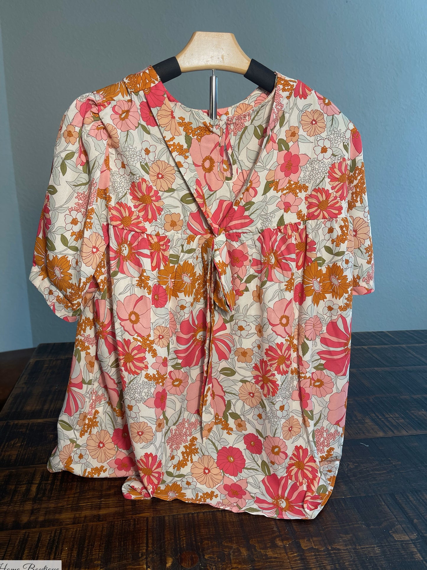 Boho Flower Print Puff Short Sleeve Top