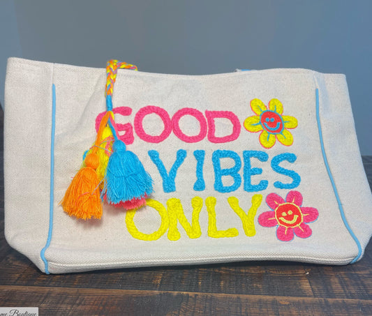 Good Vibes Only Happy Flowers Canvas Tote Bag Purse
