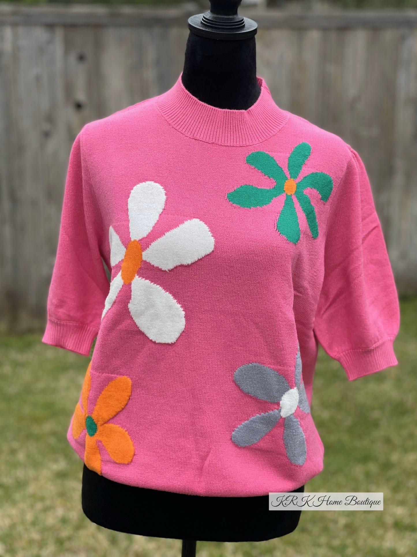 Floral Bubble Short Sleeve Sweater/Multicolor Pink