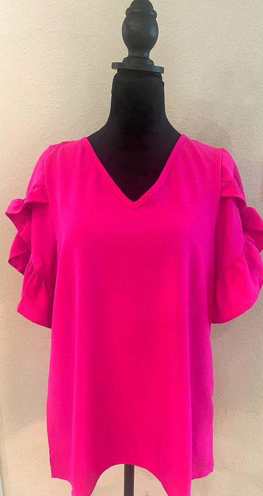 Ruffled Tulip Sleeve V Neck Top