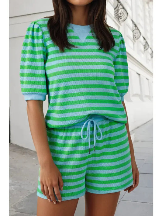 Stripe Puff Sleeve Top 2pcs Shorts Set