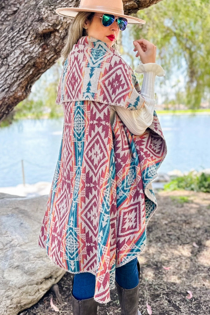 Burgundy Multi Aztec Printed Stitch Detail Round Shawl Vest