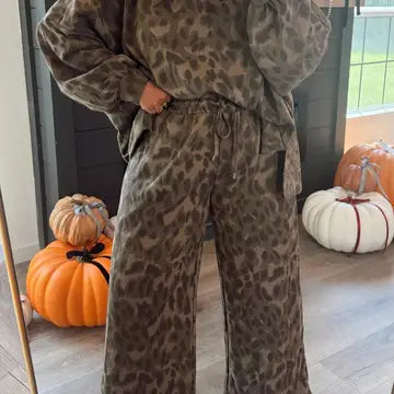 Brown Leopard Print Raw Seam Patchwork Pullover Drawstring Loose Pant Set