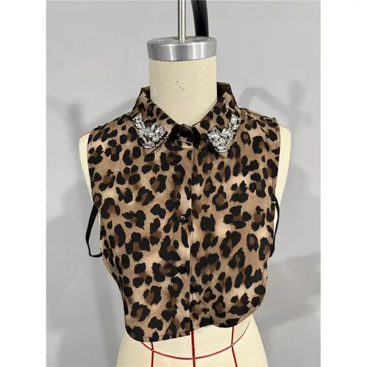 Leopard Diamond Studded Detachable Shirt Collar