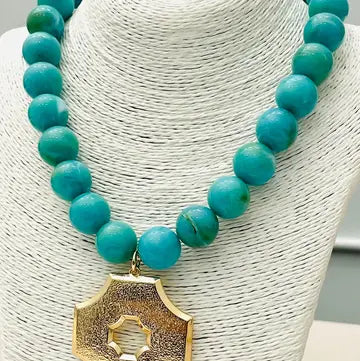 Chic - Pendant On Beaded Necklace  (Marbled Turquoise)