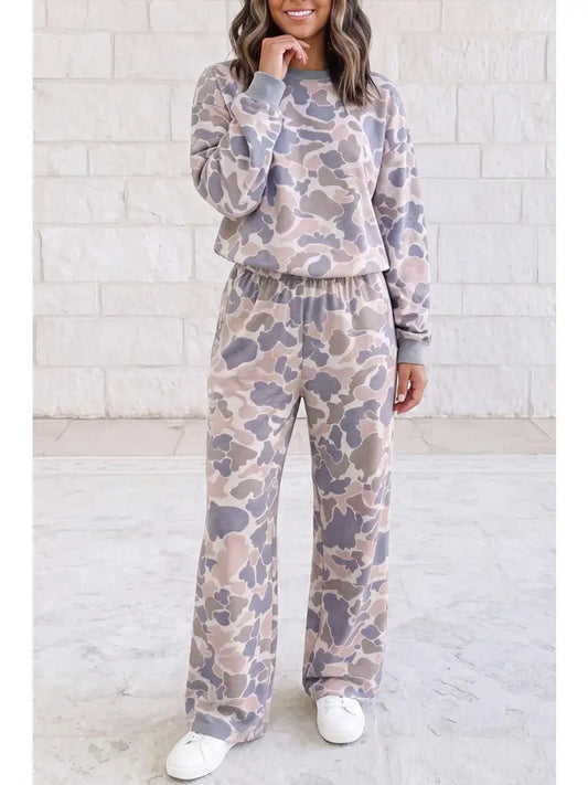Casual Muted Camouflage Print Two-Piece Loungewear
